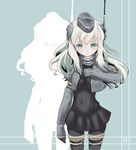  aqua_background aqua_eyes bad_id bad_pixiv_id character_name covered_navel cropped_jacket dakimakura_(ofin) garrison_cap hat highres juliet_sleeves kantai_collection long_hair long_sleeves looking_at_viewer military military_uniform platinum_blonde_hair puffy_sleeves simple_background solo u-511_(kantai_collection) uniform 
