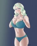  1girl aqua_bra aqua_panties artist_name blue_eyes blush bra breasts cleavage cowboy_shot diana_cavendish embarrassed green_hair hands_on_own_chest large_breasts little_witch_academia looking_at_viewer medium_hair multicolored_hair navel non-web_source panties solo standing thotticus-slayer two-tone_hair underwear wavy_hair wavy_mouth white_hair 