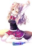  bottle brown_eyes full_body grey_hair kantai_collection long_hair one_eye_closed pillow pola_(kantai_collection) sakurazawa_izumi solo stretch thighhighs wavy_hair 