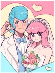  1boy 1girl animal_crossing artist_name blue_bow blue_bowtie blue_hair blue_vest bouquet bow bowtie closed_eyes cyrus_(animal_crossing) dress flower formal freckles gloves grey_eyes highres humanization kisaragi_yuu_(fallen_sky) llama long_hair pink_hair reese_(animal_crossing) suit tiara vest wedding wedding_dress white_dress white_gloves 