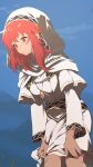  1girl ahonoko blue_sky commentary_request dress fire_emblem fire_emblem:_mystery_of_the_emblem grass highres hood hood_up hooded_dress jewelry lena_(fire_emblem) long_sleeves looking_to_the_side medium_hair necklace red_eyes red_hair sky solo white_dress 