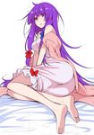  ahoge ass bangs bare_shoulders barefoot blue_bow blunt_bangs bow dress eichi_yuu eyebrows eyebrows_visible_through_hair full_body hair_ribbon long_hair messy_hair off_shoulder parted_lips patchouli_knowledge purple_eyes purple_hair red_bow ribbon simple_background sleepy solo strapless strapless_dress touhou tress_ribbon very_long_hair white_background white_dress 