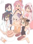  6+girls :d :o ahoge armpits arms_up bare_shoulders barefoot black_hair black_leotard blue_hair blush breasts bright_pupils brown_eyes brown_hair cake candle character_doll coat colored_inner_hair commentary covered_navel dress drooling english_commentary fake_antennae fake_head_wings fake_horns food ghost_costume green_eyes hair_ornament hairclip halloween_costume hands_on_own_cheeks hands_on_own_face hands_on_own_hips happy happy_halloween high_side_ponytail highres hood hood_up horns hozuki_kaede hozuki_momiji kneeling lab_coat large_breasts leotard light_brown_hair long_hair looking_at_food mask mask_on_head medium_hair mouth_drool multicolored_hair multiple_girls murosaki_miyo naked_coat off-shoulder_dress off_shoulder oka_asahi onii-chan_wa_oshimai! open_mouth orange_dress orange_hair outstretched_arms oyama_mahiro oyama_mihari pink_eyes pink_hair purple_hair seiza short_hair sidelocks simple_background sitting small_breasts smile twintails vampire_costume very_long_hair wariza wavy_hair wavy_mouth white_background white_coat white_pupils yana_(muuimiingan) 