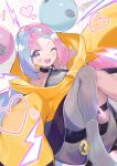  abe_(kumayu) blue_hair bow-shaped_hair character_hair_ornament grey_pantyhose hair_ornament heart hexagon_print highres iono_(pokemon) jacket light_blue_hair long_hair low-tied_long_hair multicolored_hair oversized_clothes pantyhose pink_hair pokemon pokemon_sv sharp_teeth single_leg_pantyhose sleeves_past_fingers sleeves_past_wrists split-color_hair teeth two-tone_hair very_long_sleeves yellow_jacket 