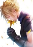  1boy armor bandaged_arm bandages black_gloves blonde_hair blue_shirt blurry blurry_foreground closed_eyes cloud_strife crying earrings facing_to_the_side falling_petals final_fantasy final_fantasy_vii final_fantasy_vii_rebirth final_fantasy_vii_remake flower gloves hair_between_eyes head_down highres holding holding_flower jewelry lily_(flower) own_hands_clasped own_hands_together papiwanko parted_lips petals profile shirt short_hair shoulder_armor single_earring single_shoulder_pad sleeveless sleeveless_turtleneck solo spiked_hair suspenders tears turtleneck upper_body white_background yellow_flower yellow_petals 