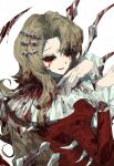  1girl anzekeye blood blood_in_hair blood_on_face bone brown_hair highres limbus_company long_sleeves looking_at_viewer monster_girl project_moon red_eyes red_pupils red_shirt rodion_(project_moon) shirt simple_background solo spikes upper_body white_background 