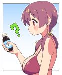  1girl :/ ? bare_arms bare_shoulders bikini blue_background blush_stickers border bottle breasts brown_hair commentary confused from_side gradient_background holding holding_bottle large_breasts long_hair low_twintails male-female_symbol multicolored_hair murosaki_miyo noyama_takenoko onii-chan_wa_oshimai! outline outside_border profile red_bikini red_eyes red_hair simple_background solo swimsuit twintails two-tone_hair upper_body white_border white_outline 