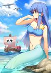  absurdres animal aqua_(di_gi_charat) arm_at_side bad_id bad_pixiv_id bangs bird blue_eyes blue_hair blue_sky blurry boat breasts cleavage closed_mouth cloud crop_top day depth_of_field di_gi_charat eyebrows eyebrows_visible_through_hair flag hair_tubes highres long_hair medium_breasts mermaid monster_girl navel ocean outdoors profile rock seagull sidelocks single_strap sitting skull_print sky smile solo stomach ume_ren watercraft 