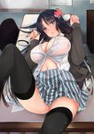  black_hair black_legwear breasts cardigan classroom covered_nipples flower hair_flower hair_ornament hand_in_hair highres ichiko_(ichi) large_breasts leg_up looking_at_viewer lying navel no_bra on_back on_table open_cardigan open_clothes open_mouth original skirt solo table thighhighs unbuttoned whiteboard 