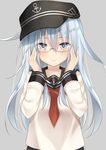  absurdres adjusting_eyewear aqua_hair bespectacled flat_cap glasses go-1 grey_background hat hibiki_(kantai_collection) highres kantai_collection long_hair long_sleeves looking_at_viewer neckerchief rimless_eyewear sailor_collar school_uniform serafuku simple_background smile solo upper_body 