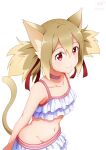  1girl animal_ear_fluff animal_ears arms_behind_back artist_name bikini cat_ears cat_girl cat_tail choker closed_mouth collar collarbone commentary_request flat_chest frilled_bikini frills groin hair_between_eyes hair_ribbon highres ken-ji leaning_forward light_brown_hair looking_at_viewer midriff navel red_choker red_eyes red_ribbon ribbon short_hair short_twintails sidelocks signature silica silica_(sao-alo) simple_background smile solo stomach swimsuit sword_art_online tail twintails twitter_username upper_body white_background white_bikini white_choker 