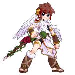  1boy angel angel_wings bike_shorts blue_eyes brown_hair flower full_body kid_icarus laurel_crown male_focus pit_(kid_icarus) red_flower red_rose rose scarf simple_background spikes suno_(imydream) white_background white_scarf wings 