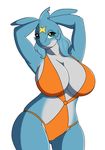  2016 anthro anthrofied big_breasts blue_hair blue_skin breasts cleavage clothed clothing fan_character fin fish green_eyes hair half-closed_eyes huge_breasts looking_at_viewer marine nintendo one-piece_swimsuit pok&eacute;mon pok&eacute;morph raised_arm shark sharpedo simple_background skimpy smile solo swimsuit verla_cloras video_games white_background wide_hips xehta13 