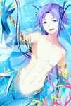  344_(prismlink) abs blue_eyes blue_hair fangs fins fish head_fins looking_at_viewer male_focus merman monster_boy ocean original scales solo underwater water webbed_hands 