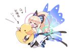  1girl aihira_(aihira12) antenna_hair azure_striker_gunvolt azure_striker_gunvolt_2 blonde_hair blush_stickers butterfly_hair_ornament butterfly_wings chibi closed_eyes commentary_request dress energy_wings hair_ornament high_ponytail holding insect_wings long_hair lumen_(gunvolt) multicolored_hair pink_hair rubber_duck simple_background strapless strapless_dress translation_request two-tone_hair white_background white_dress wings 