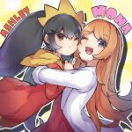  2girls ashley_(warioware) black_hair blue_eyes character_name cheek-to-cheek coat hair_ornament heads_together highres hug long_hair looking_at_viewer mona_(warioware) multiple_girls one_eye_closed open_mouth orange_hair red_eyes smile takoyakiking7 twintails warioware white_coat 