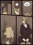  anthro bathroom big_breasts breasts brown_theme clothed clothing comic dialogue digital_media_(artwork) english_text equine eyewear female freckles_(artist) glasses hair mammal monochrome phone text 