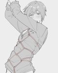  1boy arms_up bdsm blush bondage bound bqcrop highres kaito_(vocaloid) long_sleeves looking_at_viewer male_focus monochrome pectoral_cleavage pectorals rope shibari shibari_over_clothes shirt short_hair solo spot_color sweat vocaloid 