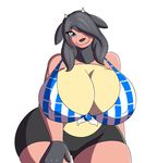  2016 anthro anthrofied big_breasts black_hair black_nose black_skin blue_eyes bovine bra breasts clothed clothing fan_character hair horn huge_breasts long_hair looking_at_viewer mammal miltank nintendo nipple_bulge pink_skin pok&eacute;mon pok&eacute;morph shorts simple_background smile solo tight_clothing tori_lopun underwear video_games white_background white_horn xehta13 