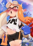 blush bodily_fluids cephalopod clothed clothing dagasi duo female genital_fluids heart_eyes heart_symbol hi_res humanoid inkling japanese_text marine mollusk navel nintendo open_mouth splatoon text vaginal_fluids