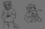 ambiguous_gender anthro babydoll_(bigwetslapper) bigwetslapper blush blush_lines canid canine canis clothed clothing cuddling daddog_(bigwetslapper) domestic_dog duo hi_res lagomorph male mammal monochrome seam_(sewing) sketch wolf