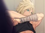  1boy aqua_eyes armpits bandaged_arm bandages bare_shoulders black_shirt blonde_hair closed_mouth clothes_lift cloud_strife final_fantasy final_fantasy_vii final_fantasy_vii_rebirth final_fantasy_vii_remake hair_between_eyes kiki_lala looking_to_the_side male_focus shirt shirt_lift short_hair sleeveless sleeveless_turtleneck solo spiked_hair turtleneck twitter_username upper_body 