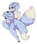  2024 absurd_res anthro areola arm_under_breasts big_breasts blue_body blue_fur breasts ear_piercing ear_ring eyebrows eyelashes feet female fur generation_5_pokemon genitals hand_on_breast hi_res i_am_kat95 legendary_pokemon looking_at_viewer nintendo nipples nude piercing pokemon pokemon_(species) pussy red_eyes reshiram ring_piercing solo thick_thighs white_body white_fur 