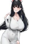 1girl absurdres black_hair blue_archive blush breasts cleavage covered_navel dress grey_dress grin halo highres large_breasts long_hair looking_at_viewer poharo red_eyes rio_(blue_archive) simple_background smile solo white_background 