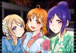  absurdres blue_eyes blush brown_hair fireworks hair_ornament highres japanese_clothes kimono kotobuki_haruki looking_at_viewer love_live! love_live!_sunshine!! matsuura_kanan multiple_girls purple_hair short_hair smile takami_chika watanabe_you 