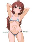  1girl ahoge aqua_eyes armpits arms_behind_back artist_name ass_visible_through_thighs baba_arumi bikini blue_bikini blush brown_hair covered_nipples dated long_hair looking_at_viewer micro_bikini navel original presenting_armpit simple_background solo swimsuit white_background 