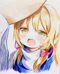  1girl blonde_hair blush commentary hair_ribbon hatching_(texture) highres long_hair looking_at_viewer marker_(medium) moni_monico moriya_suwako open_mouth portrait ribbon solo symbol-only_commentary touhou traditional_media white_background yellow_eyes 
