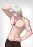  1boy abs arm_up bare_pectorals bishounen closed_eyes closed_mouth cowboy_shot dante_(devil_may_cry) devil_may_cry_(series) devil_may_cry_3 hand_on_own_hip highres jewelry male_focus muscular muscular_male necklace pectorals simple_background solo standing topless_male v_milkshake white_hair 