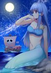  absurdres aqua_(di_gi_charat) arm_at_side bad_id bad_pixiv_id bangs blue_eyes blue_hair blurry boat breasts cleavage closed_mouth cloud crop_top depth_of_field di_gi_charat eyebrows eyebrows_visible_through_hair flag full_moon hair_tubes highres long_hair medium_breasts mermaid monster_girl moon navel night night_sky ocean outdoors profile rock shooting_star sidelocks single_strap sitting skull_print sky smile solo star_(sky) starry_sky ume_ren watercraft 