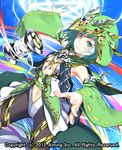  2012 blue_sky detached_sleeves green_eyes green_hair hood kentairui looking_at_viewer lord_of_knights magic magic_circle midriff navel official_art outstretched_arm sky smile solo spool watermark 