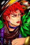  closed_mouth collar dio_brando earrings emptycicada highres jewelry jojo_no_kimyou_na_bouken lipstick looking_to_the_side makeup male_focus motion_blur pink_eyes portrait profile red_hair red_lipstick smile solo wrist_cuffs 