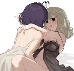  2girls ahoge aoki_shizumi araga_kiwi babydoll black_babydoll blonde_hair blush breasts breath cleavage grabbing grabbing_another&#039;s_breast highres hiiragi_utena implied_fingering mahou_shoujo_ni_akogarete multiple_girls nightgown no_panties purple_hair short_hair simple_background strap_slip sweatdrop white_nightgown yuri 