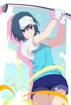  1girl black_hair blue_eyes blue_shorts blue_vest blush collared_shirt gloves golf_club hat highres holding holding_golf_club minami_(sorairo_utility) notice_lines shirt short_hair short_sleeves shorts solo sorairo_utility standing vest visor_cap white_gloves white_hat white_shirt yanu 