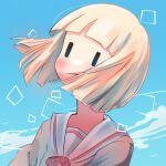  1girl blonde_hair blue_background blunt_bangs blush bob_cut cloud collarbone fei_(bell_fei) hair_over_mouth highres light_blush mob_face nichijou pink_ribbon ribbon sailor_collar school_uniform sekiguchi_yuria serafuku short_hair sky solo square tokisadame_school_uniform upper_body white_sailor_collar yellow_serafuku |_| 