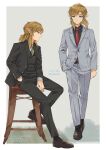  1boy black_jacket black_pants black_shirt black_suit blazer blue_eyes brown_hair contemporary earrings expressionless grey_jacket grey_pants grey_suit highres jacket jewelry link male_focus multiple_views necktie pants pointy_ears red_necktie seri_(yuukasakura) shirt sitting standing suit the_legend_of_zelda the_legend_of_zelda:_breath_of_the_wild 