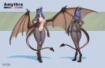 amythra anthro blue_eyes blue_hair breasts claws countershading dragon featureless_breasts female front_view hair hi_res horn model_sheet mythological_creature mythological_scalie mythology rear_view saltamor scalie spread_wings tail wings