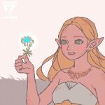  1girl bellhenge blonde_hair blue_eyes blush breasts dress flower jewelry long_hair looking_at_viewer pointy_ears princess_zelda solo strapless strapless_dress the_legend_of_zelda the_legend_of_zelda:_breath_of_the_wild 