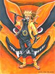  blonde_hair dual_wielding escrima_stick facial_mark fox full_body glowing kunai kyuubi_(naruto) male_focus mouth_hold naruto solo standing symbol-shaped_pupils thumb_hole uzumaki_naruto uzumaki_naruto_(rikudou_sennin_mode) weapon 