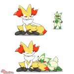  1:1 ambiguous_gender animated anthro black_body black_fur blush braixen comfy duo ear_twitch exclamation_point floragato fluffy fluffy_tail fur generation_6_pokemon generation_9_pokemon green_body green_fur head_on_tail improvised_pillow inner_ear_fluff musical_note nintendo orange_body orange_eyes orange_fur pokemon pokemon_(species) red_eyes short_playtime simple_background stick tail tontaro tuft white_background white_body white_fur yellow_body yellow_fur 