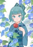  1girl blue_eyes blue_hair bow candy_apple cirno expressionless flower flower_request food hair_bow hair_bun highres holding holding_food ice ice_wings japanese_clothes kimono looking_at_viewer short_hair snowflakes solo touco_to touhou wings 