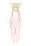  1girl alternate_costume animal_ears arknights arms_at_sides bandaged_hand bandages barefoot blonde_hair blush closed_mouth collared_shirt colored_tips fox_ears fox_girl full_body green_eyes hair_down highres intravenous_drip long_hair long_sleeves looking_at_viewer multicolored_hair pajamas pants pink_pajamas pink_pants pink_shirt shirt sho_(sho_lwlw) simple_background solo standing straight-on suzuran_(arknights) white_background white_hair 