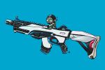  1boy apex_legends aviator_cap black_gloves black_hat blue_background cable chibi fingerless_gloves gloves goggles green_vest gun hat highres looking_to_the_side mini_person miniboy negio_(negi91_rb) octane_(apex_legends) simple_background sitting solo submachine_gun vest volt_smg weapon weapon_focus 