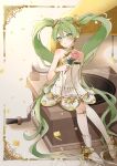  1girl blush boots choker confetti dress flower gramophone_miku green_eyes green_hair hatsune_miku headphones highres holding holding_flower knee_strap long_hair looking_to_the_side maca1227 miku_symphony_(vocaloid) phonograph pleated_skirt rose see-through see-through_dress single_leg_pantyhose sitting skirt smile solo strapless strapless_dress twintails very_long_hair vocaloid 