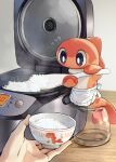  1other animal_focus apron bowl character_name commentary_request fish flying_sweatdrops highres kaminokefusa pokemon pokemon_(creature) rice_cooker shamoji steam tatsugiri tatsugiri_(curly) 
