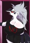 absurd_res anthro big_breasts big_butt breasts butt canid canid_demon canine canis clothed clothing demon digital_media_(artwork) domestic_dog female fennythefox fur hair hellhound helluva_boss hi_res huge_breasts huge_butt looking_at_viewer loona_(helluva_boss) mammal mythological_canine mythological_creature mythology red_eyes simple_background solo tail thick_thighs tired topwear white_body white_fur wide_hips