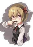  absurdres blonde_hair blush fangs grey_background hair_ribbon highres long_sleeves looking_at_viewer looking_to_the_side mouth_pull muchi_maro necktie open_mouth red_eyes ribbon rumia sharp_teeth shirt short_hair solo teeth touhou upper_body vest 